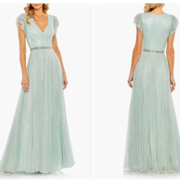 MAC DUGGAL 5502 SEQUINED WRAP OVER RUFFLED CAP SLEEVE SEAMIST GOWN sz 10 - Picture 4 of 4